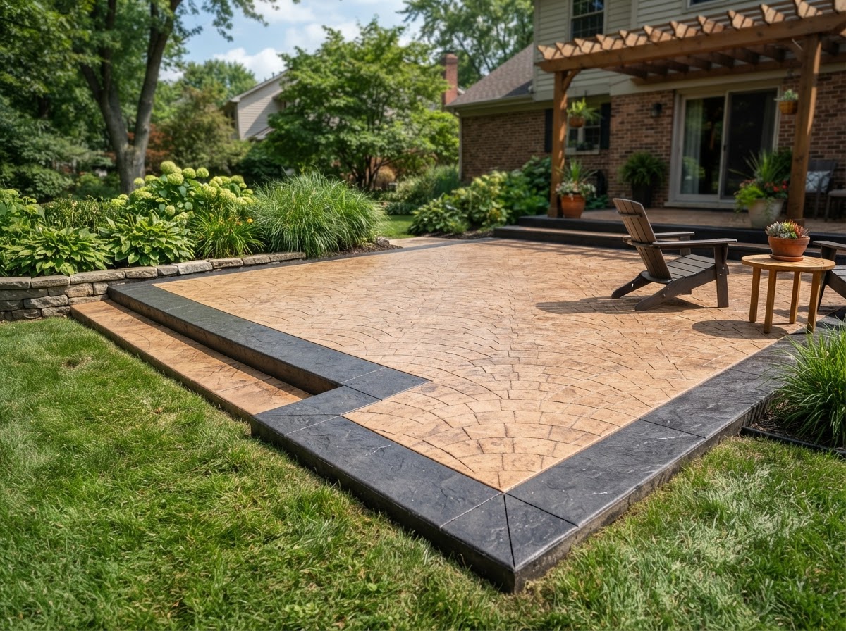 Completed decorative concrete patio with fan pattern and colored border in Tustin, California