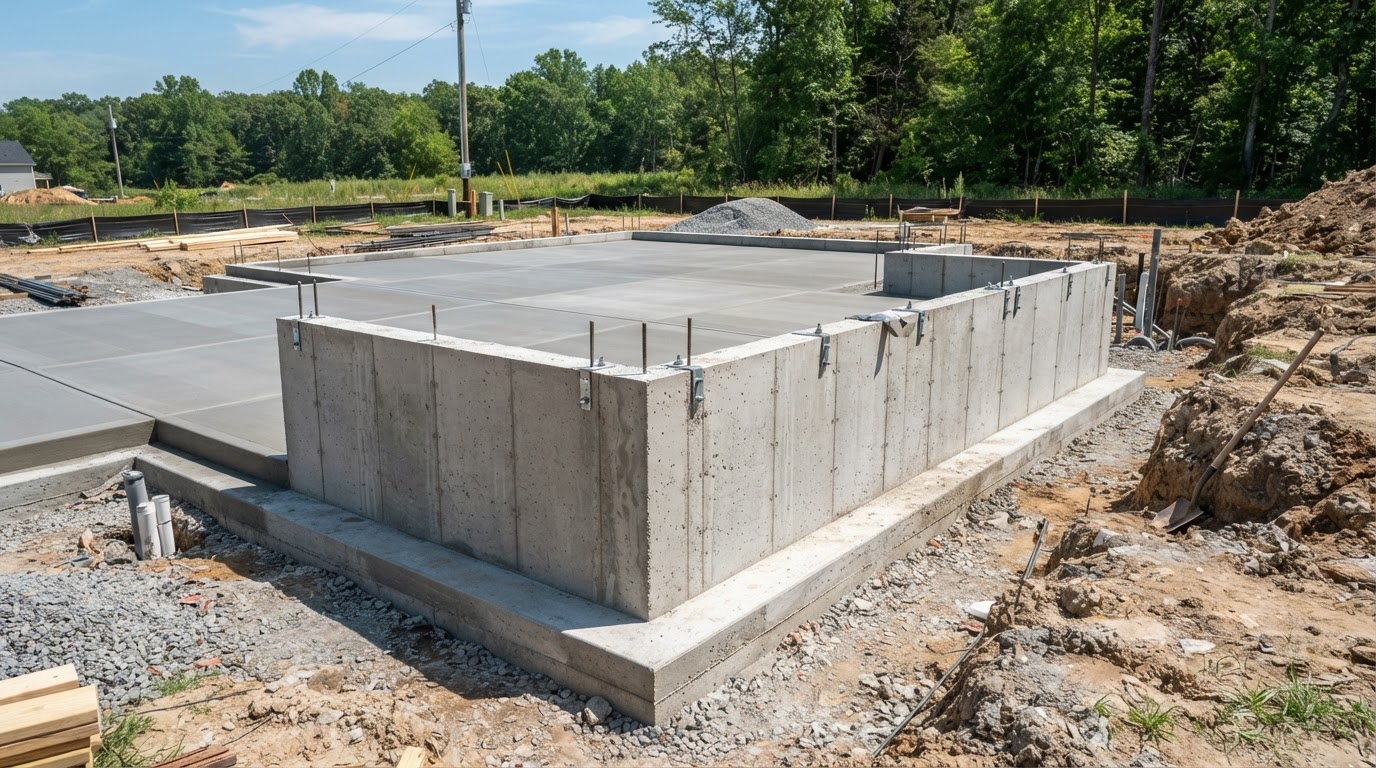 Newly poured concrete foundation and slab for a residential project in Tustin, California