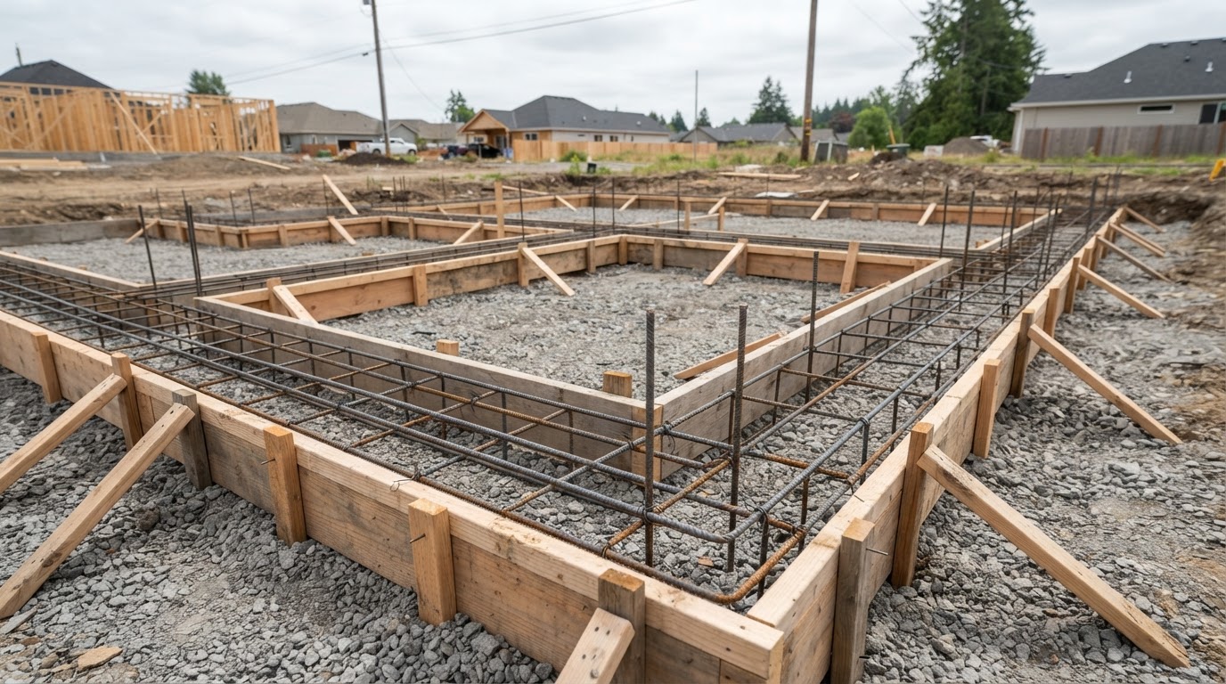 Concrete footing forms and rebar prepared for a residential project in Tustin, California