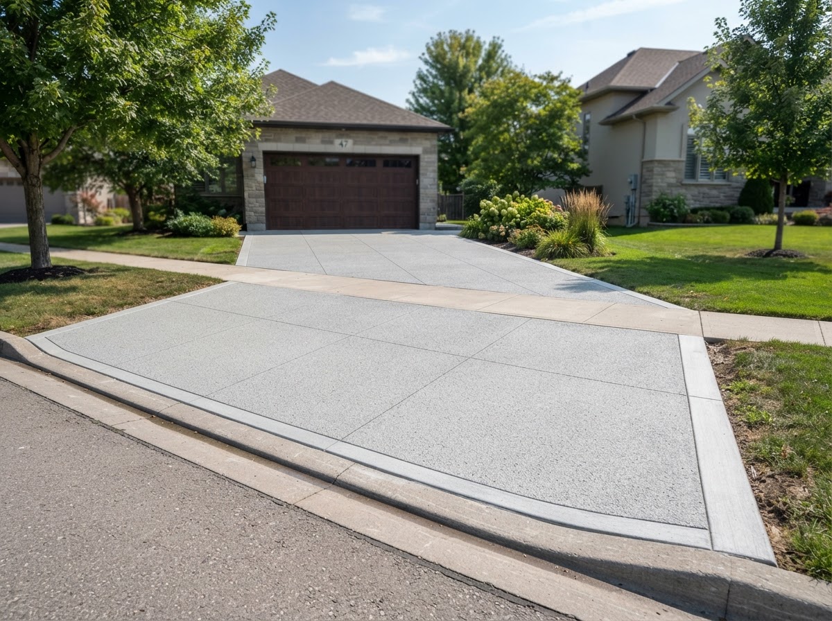 Finished concrete driveway replacement with clean control joints in Tustin, California