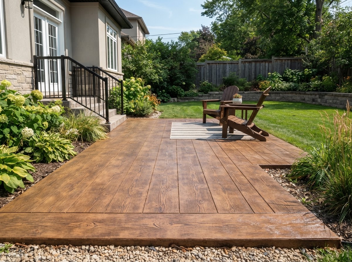 Finished stamped concrete patio replacement with wood plank texture in Tustin, California