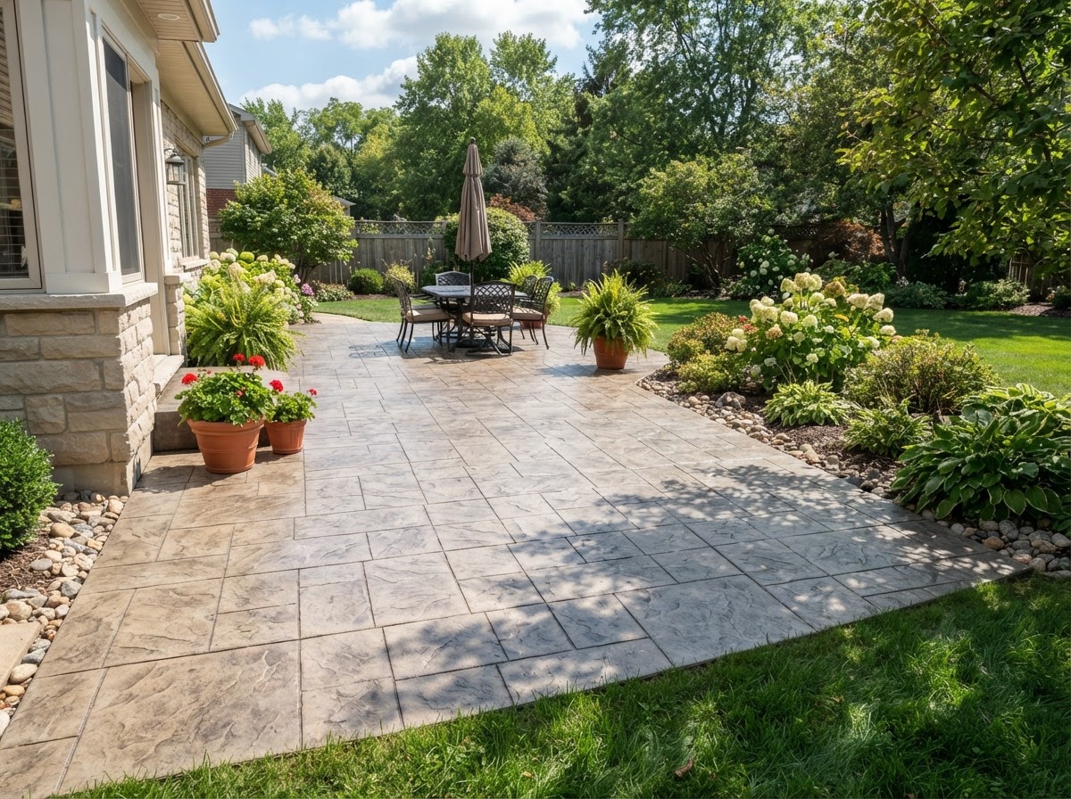 Finished stamped concrete patio with ashlar slate pattern in Tustin, California