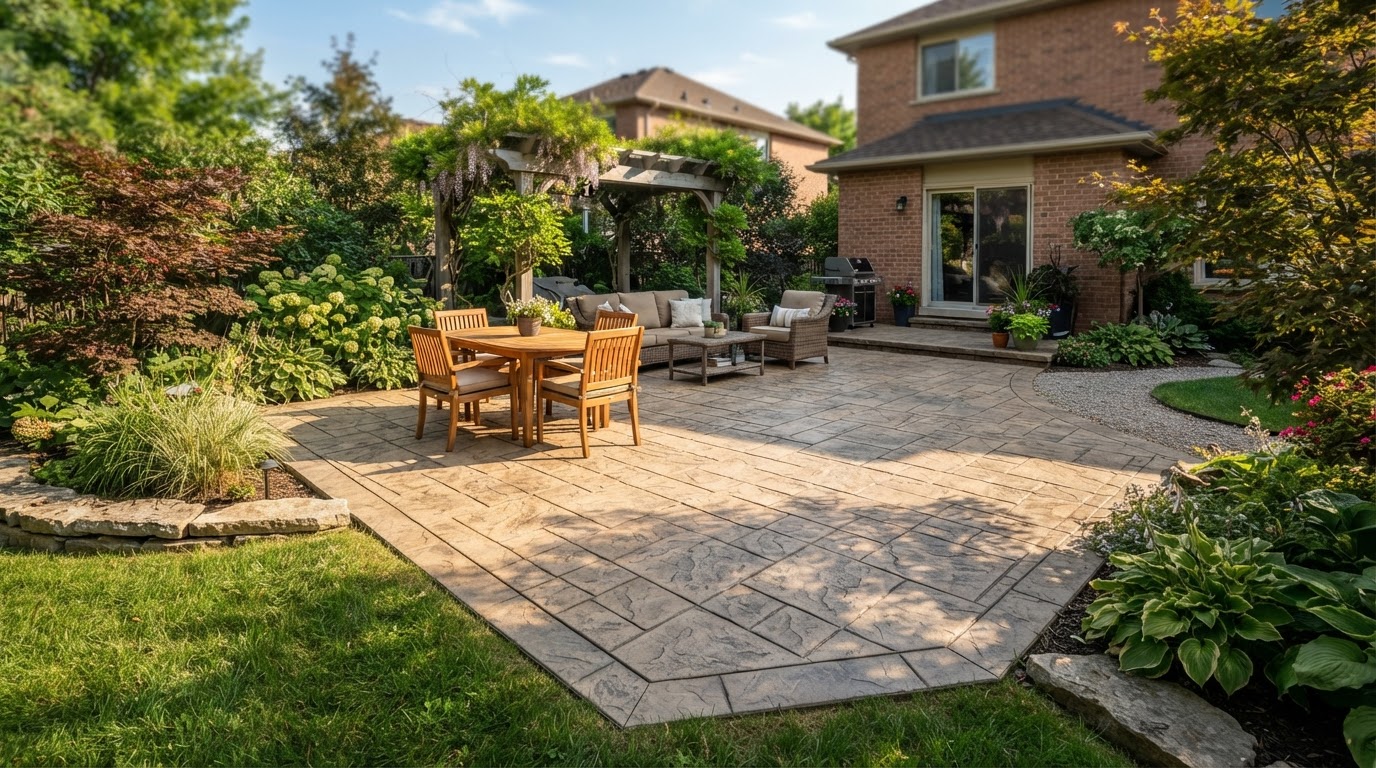 Completed stamped concrete patio with stone texture in Tustin, California