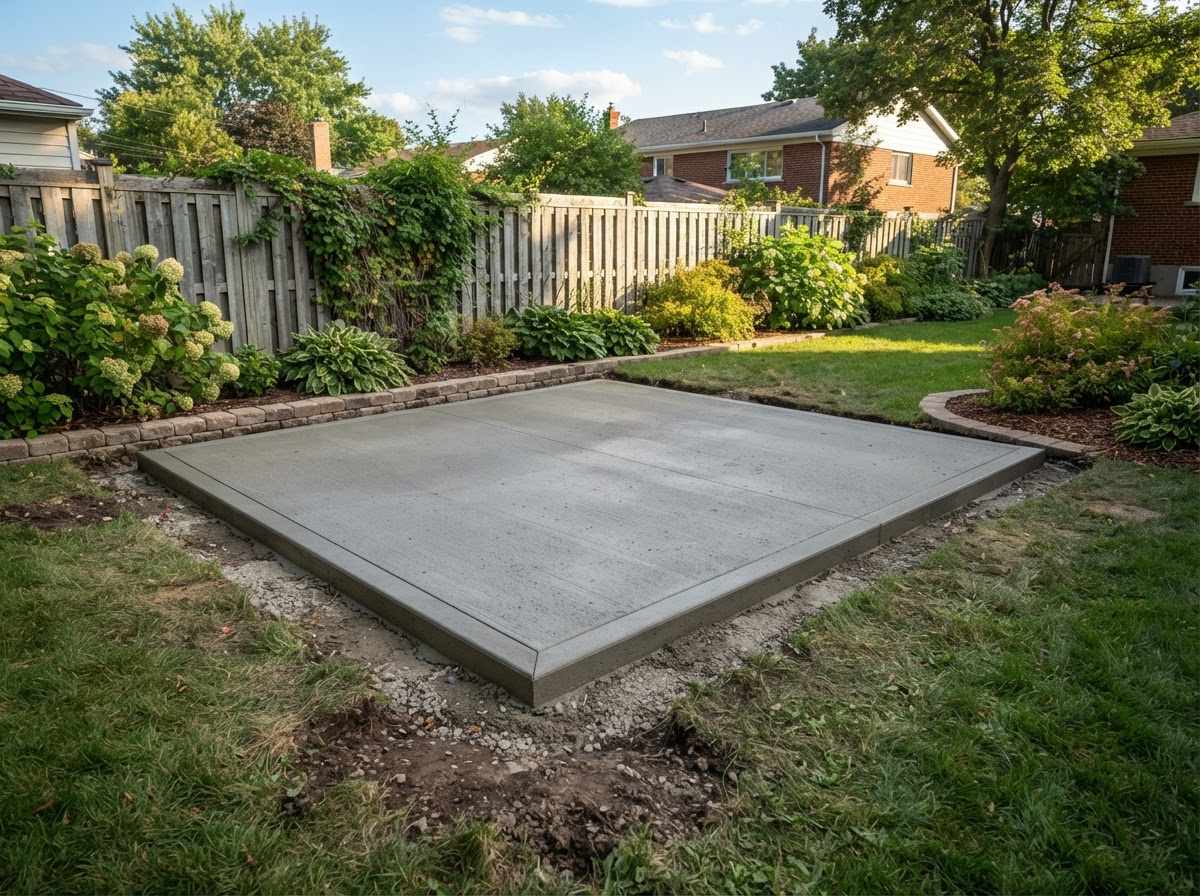 Finished concrete shed pad in Tustin, California