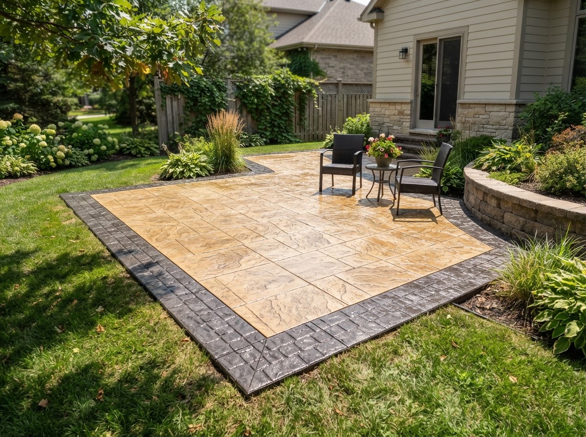 Decorative concrete patio with colored border and stamped texture in Tustin, California