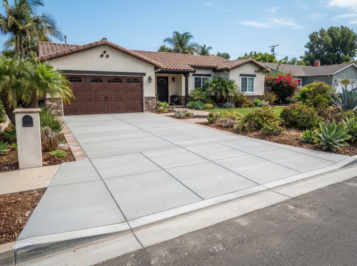 Finished residential concrete driveway replacement in Tustin, California