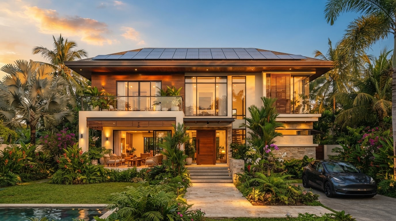 Modern Filipino home with rooftop solar panels at golden hour