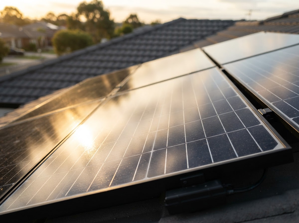 Close-up of modern solar panels on a residential roof