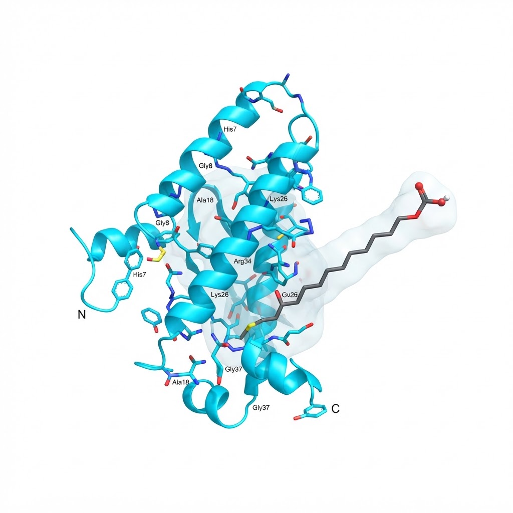 3D molecular protein ribbon diagram of Semaglutide
