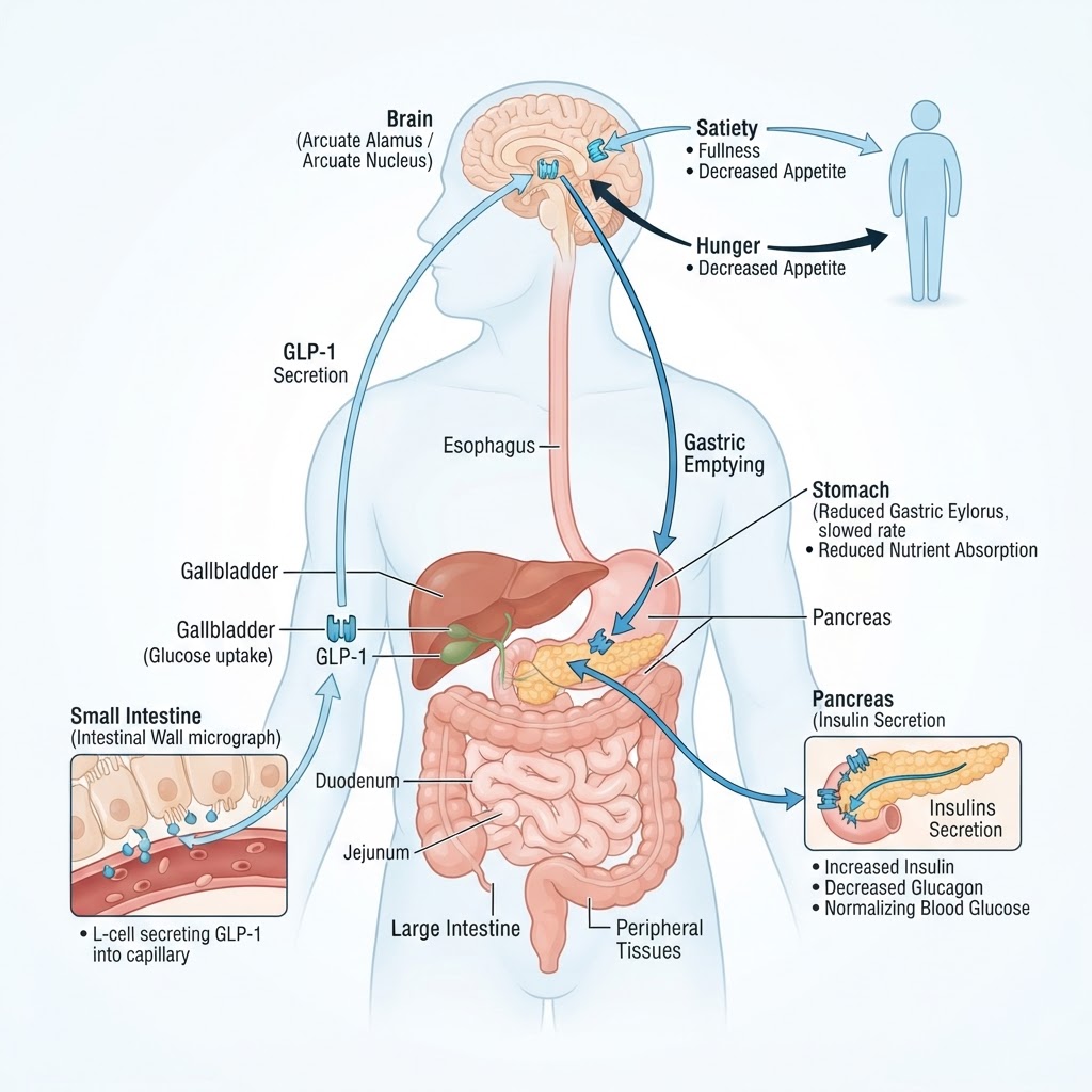 Anatomical diagram of GLP-1 hormone pathways showing brain, stomach, pancreas, and intestines