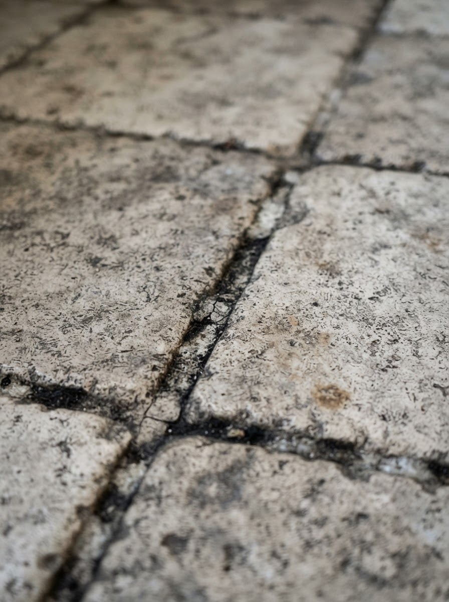 Close up of dirty grout lines and dull stained natural stone floor before cleaning