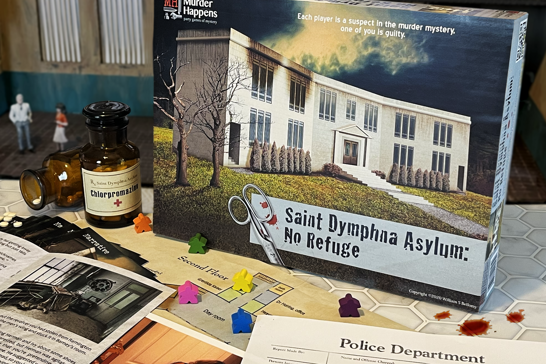 Saint Dymphna Asylum: No Refuge — Official Murder Mystery Game Box and Components