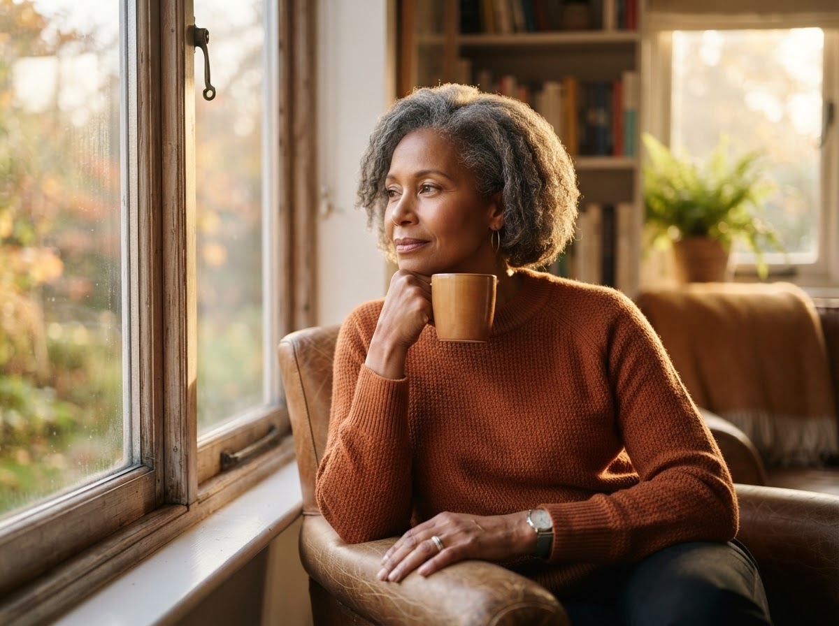 A woman in quiet reflection by a window in warm morning light