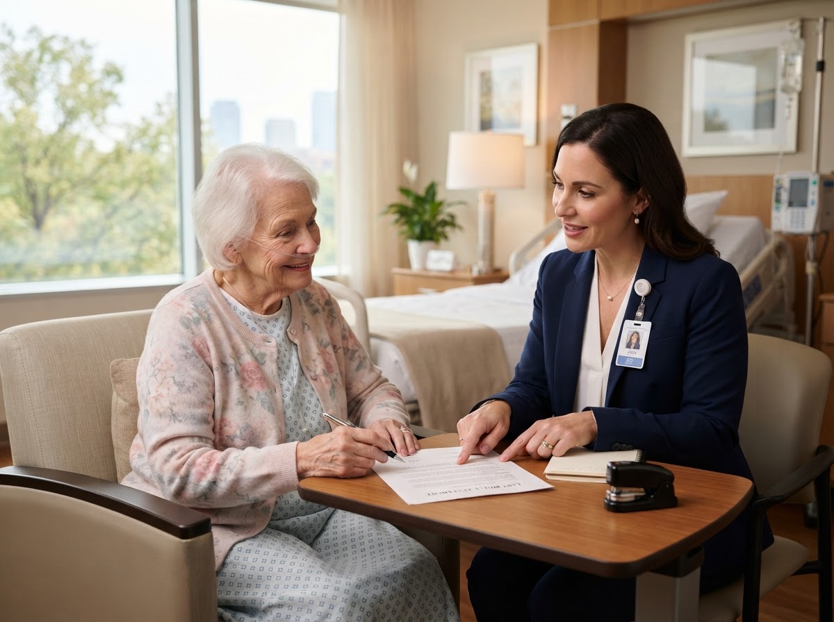 A compassionate professional notary conducting a dignified bedside document consultation in a modern hospital and senior living suite in Houston.