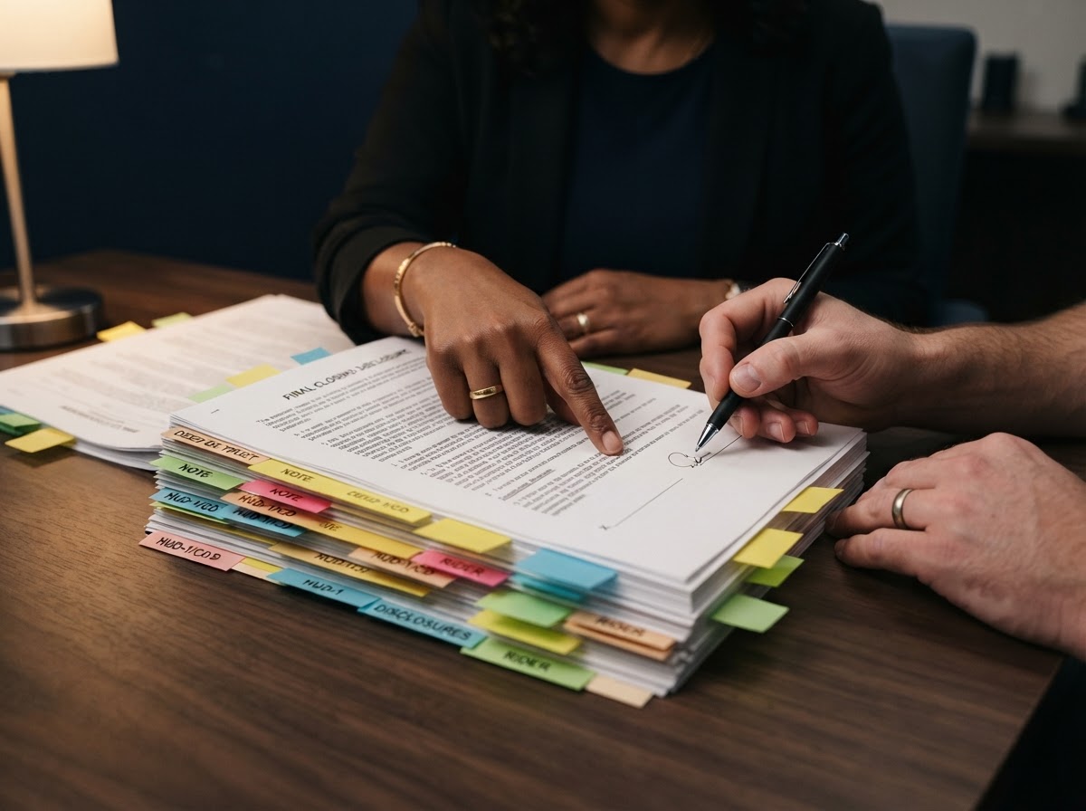 A signing agent's hand and a borrower's pen resting on a thick, tabbed loan closing package during a real estate signing.