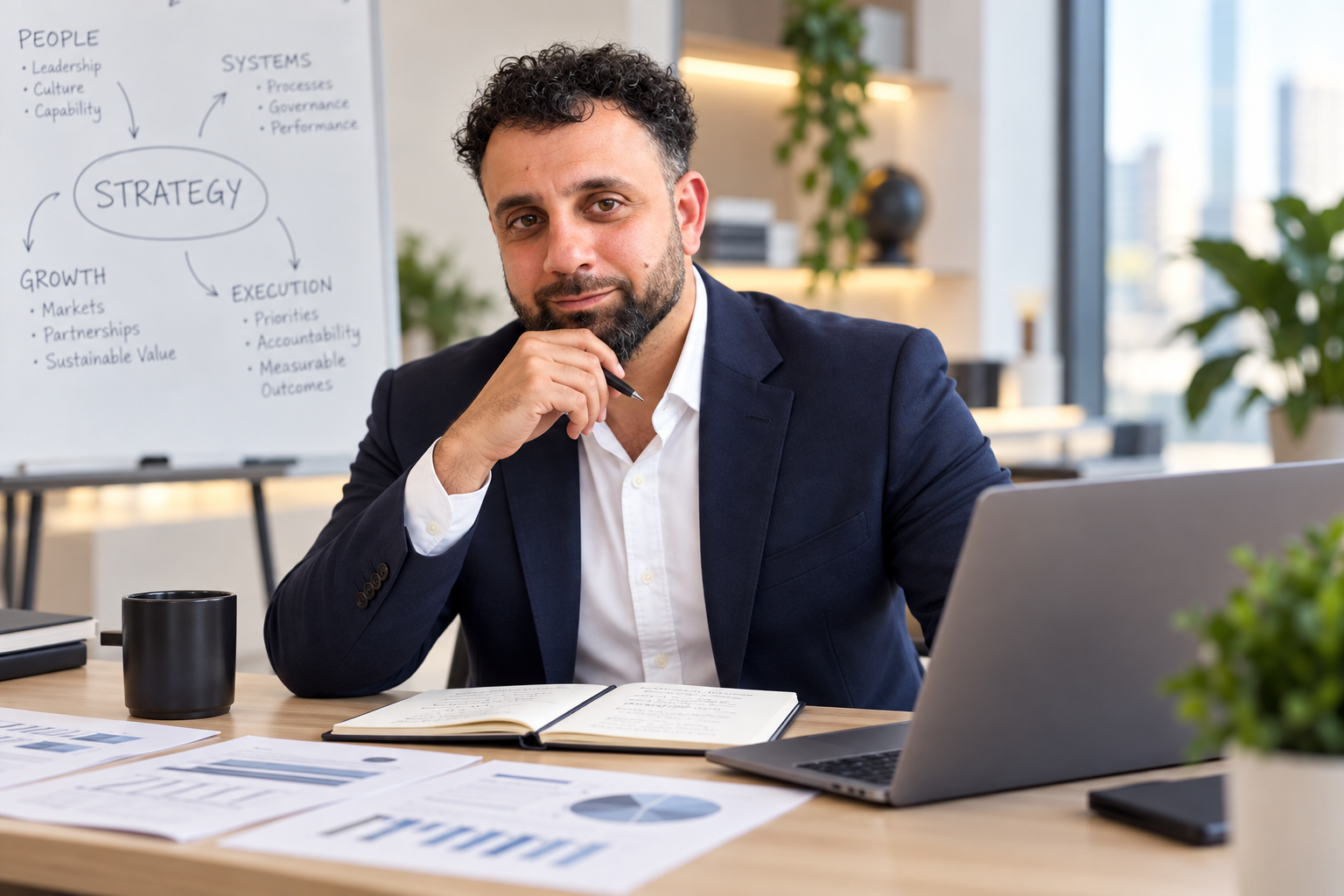 Omar Tikrity seated thoughtfully at desk