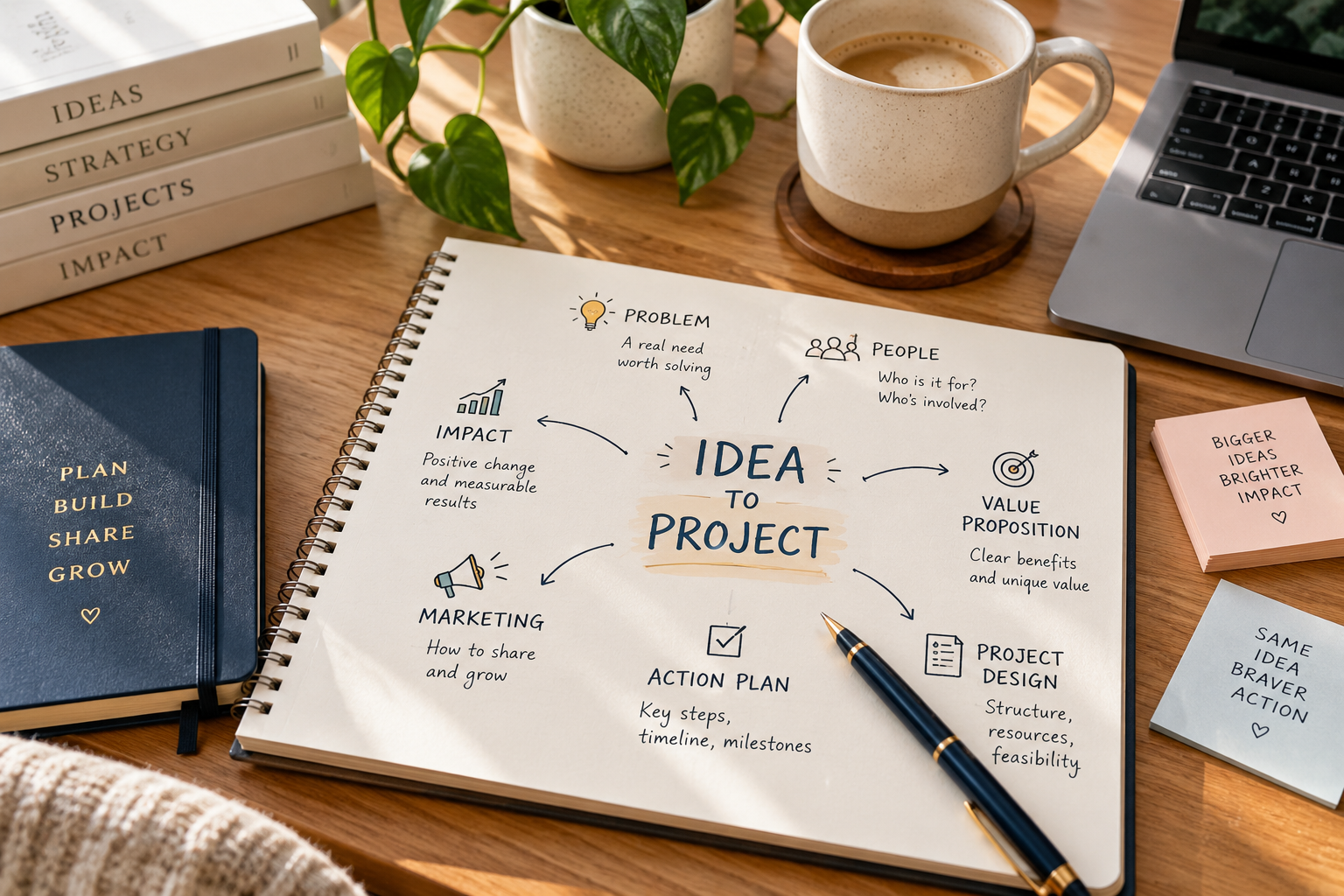 Idea to Project workbook diagram with problem, value proposition, project design and action plan