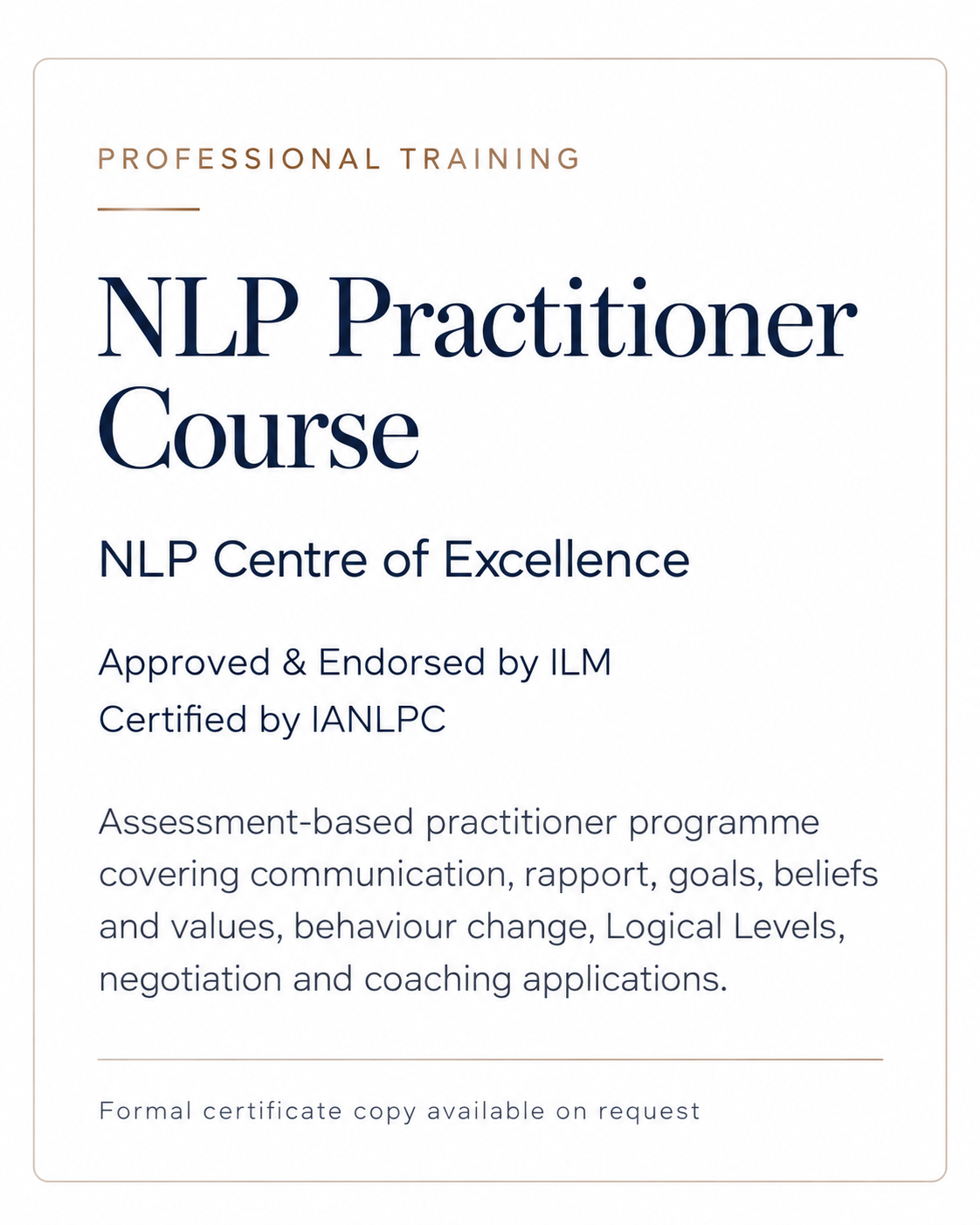 NLP Practitioner Course — NLP Centre of Excellence (Approved & Endorsed by ILM, Certified by IANLPC)