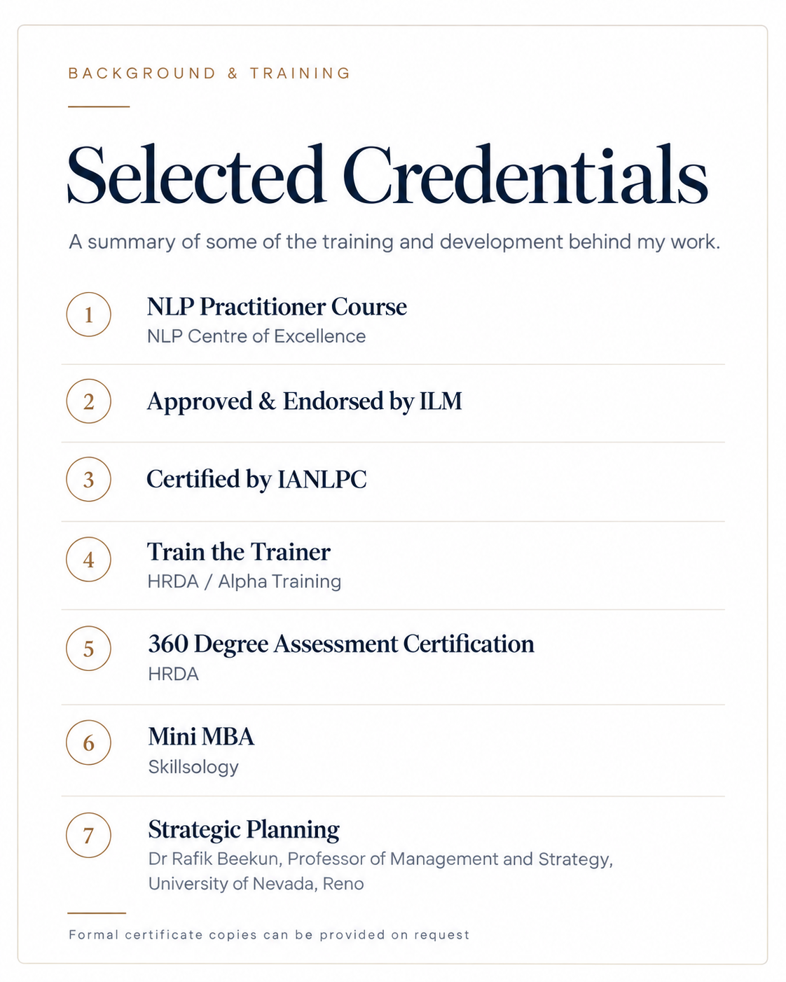 Selected Credentials — Background & Training overview