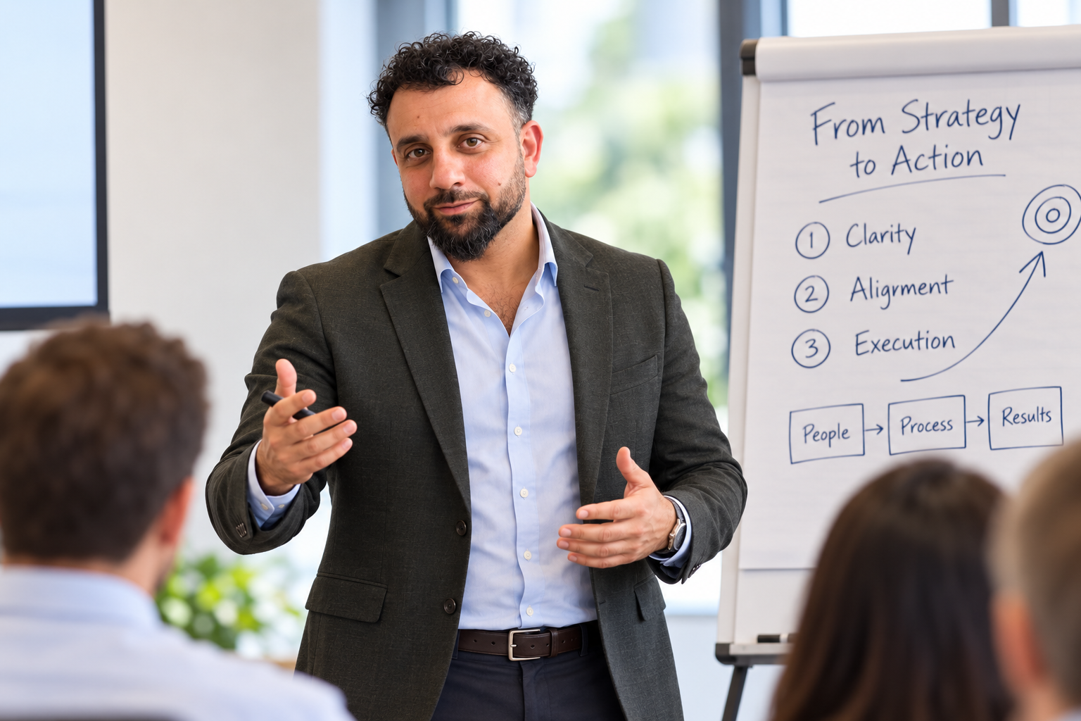 Omar Tikrity presenting at flipchart