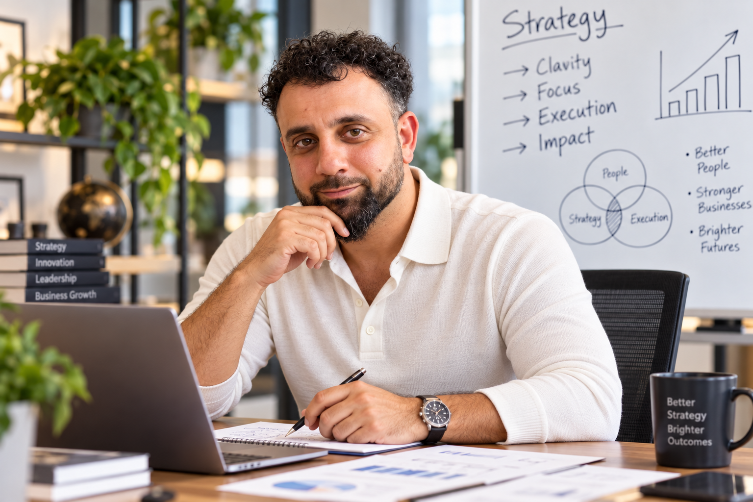 Omar Tikrity at desk with business and strategy work