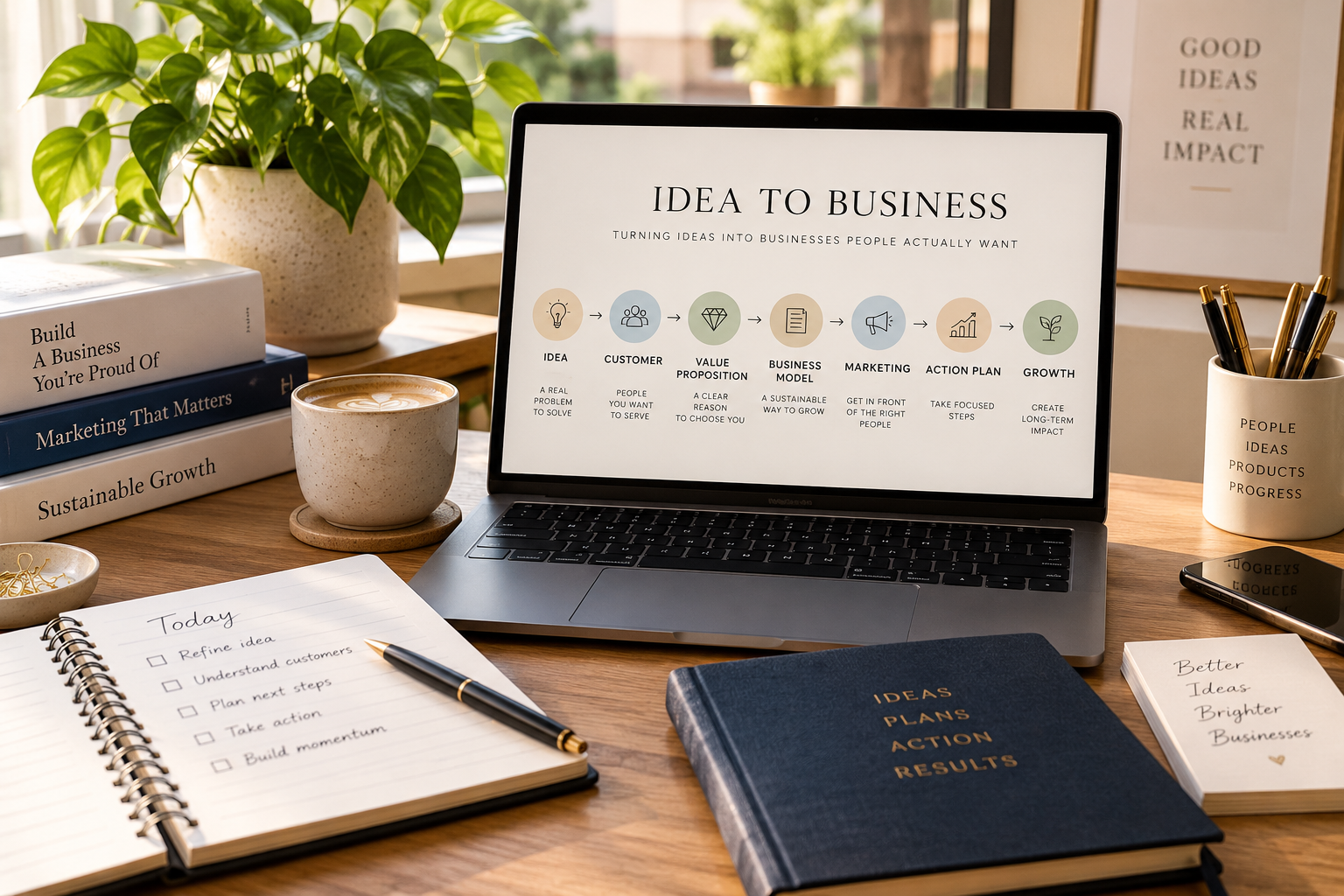 Idea to Business entrepreneurship framework shown on laptop screen with planning notes