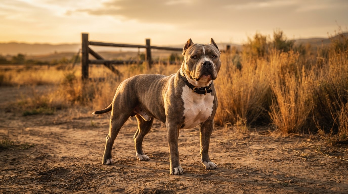 A muscular American Bully standing confidently in a golden-hour field
