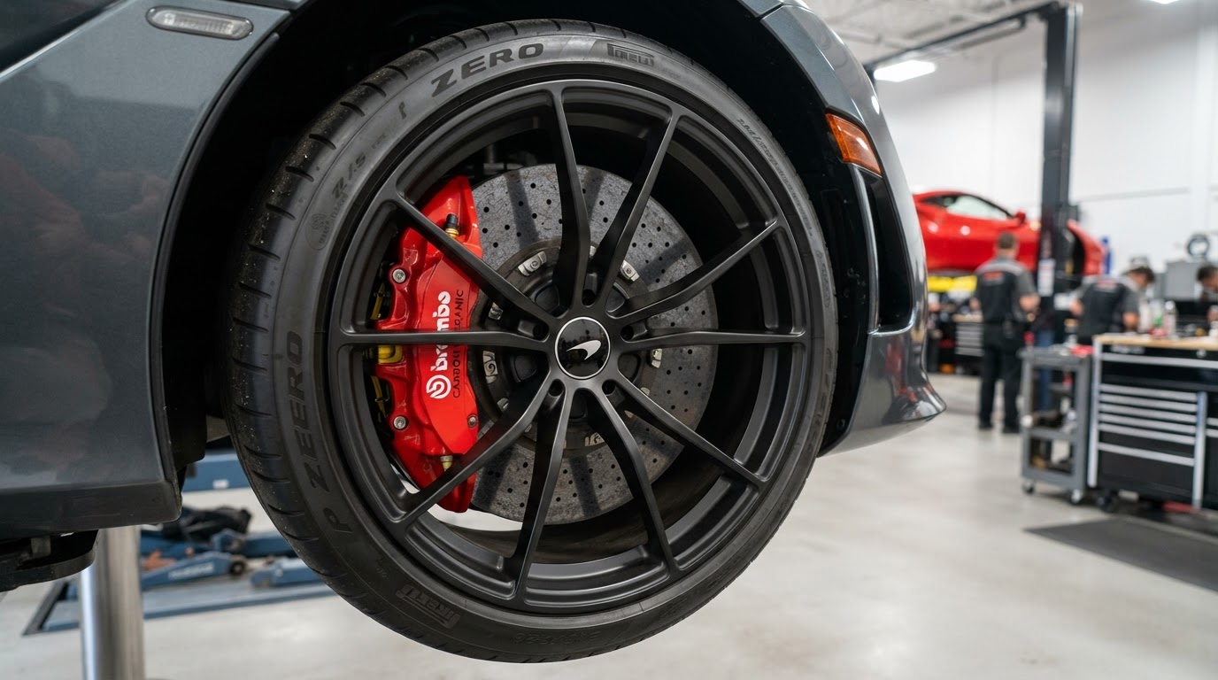 Red high performance drilled brake rotor on luxury vehicle