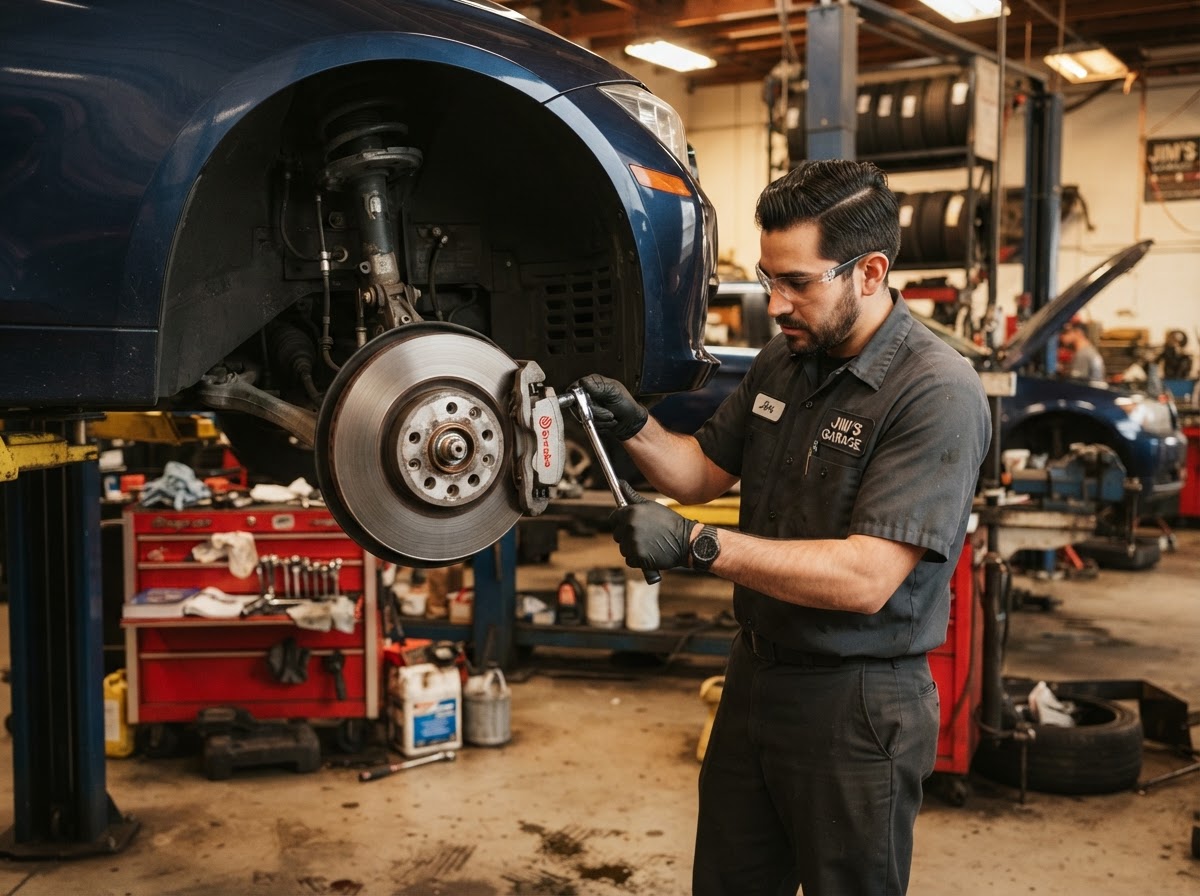 TJ Auto technician servicing car brake calipers and rotors in auto shop