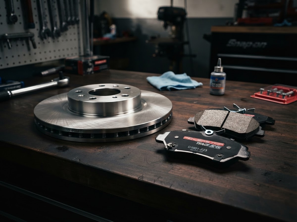 Brand new performance brake pads and rotor discs in workshop