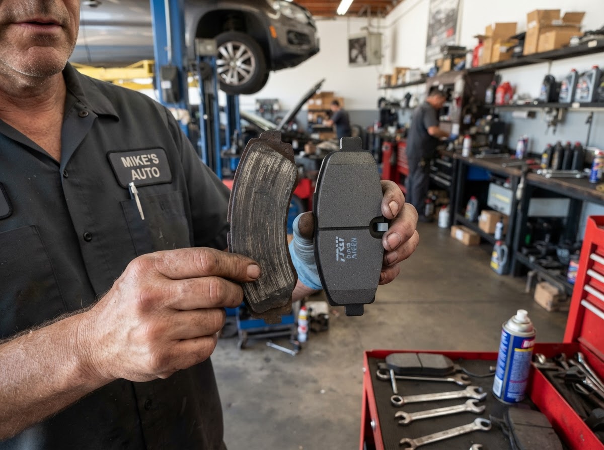 Worn thin brake pad compared to thick brand new replacement pad