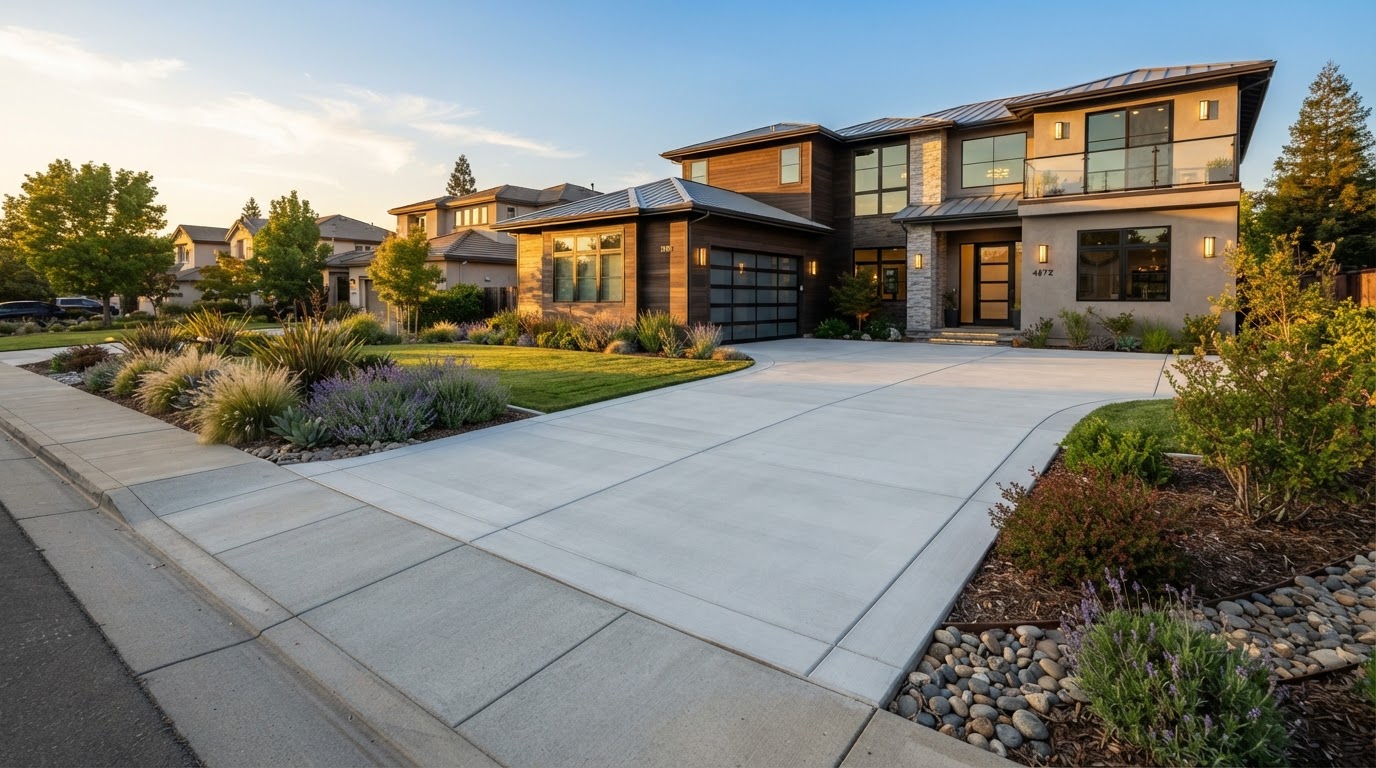 Freshly poured and finished concrete driveway in front of a home, installed by a concrete contractor in Antelope, CA