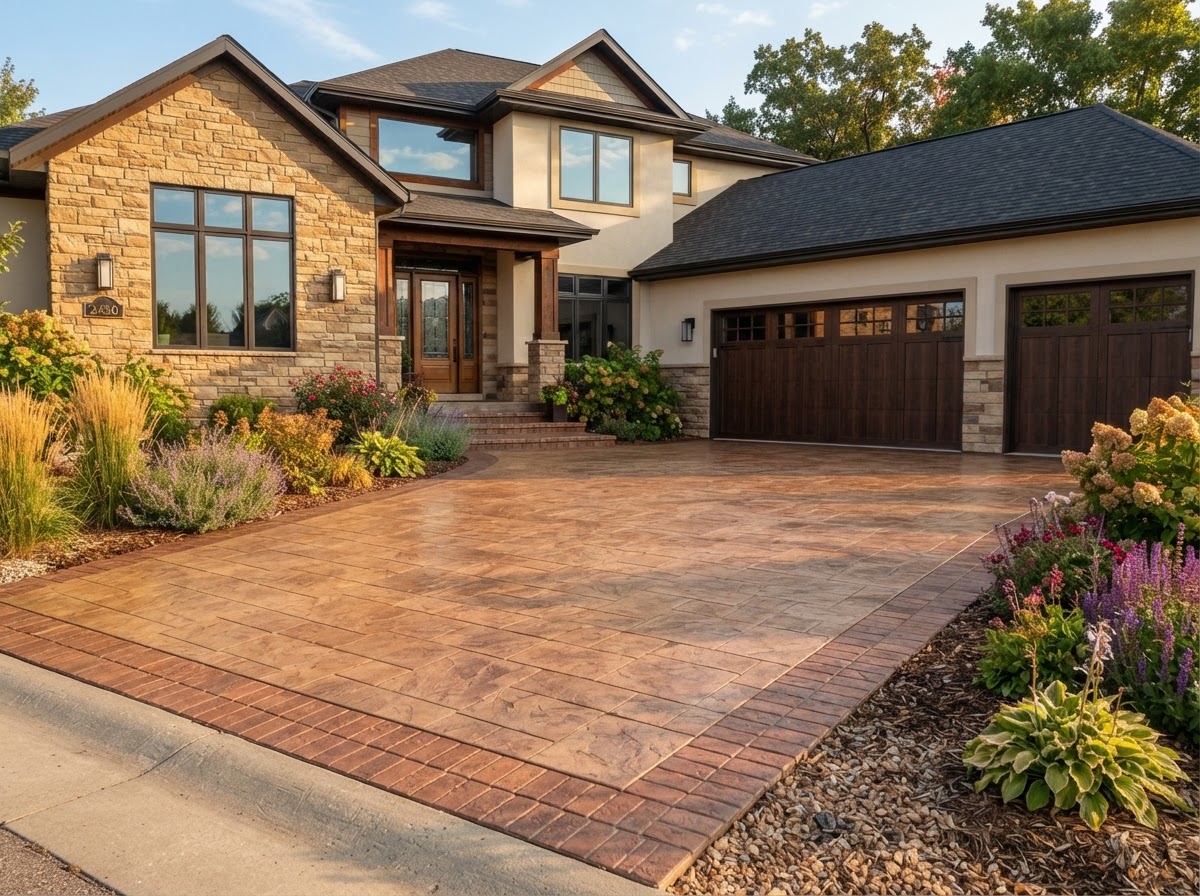 Stamped concrete driveway with a decorative brick-pattern border, installed by a concrete contractor in Antelope, CA