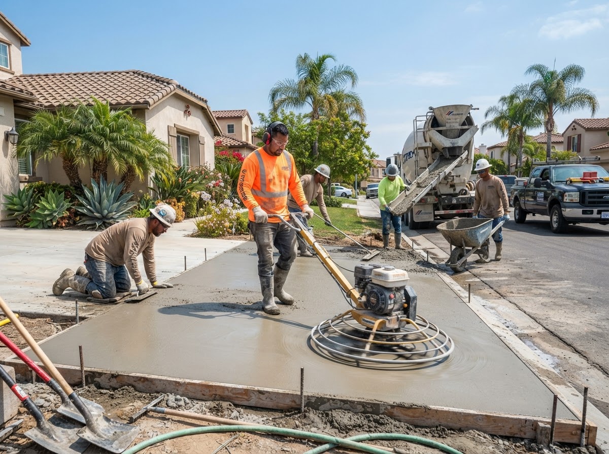 Concrete crew finishing a fresh pour on a residential driveway by a concrete contractor in Antelope, CA