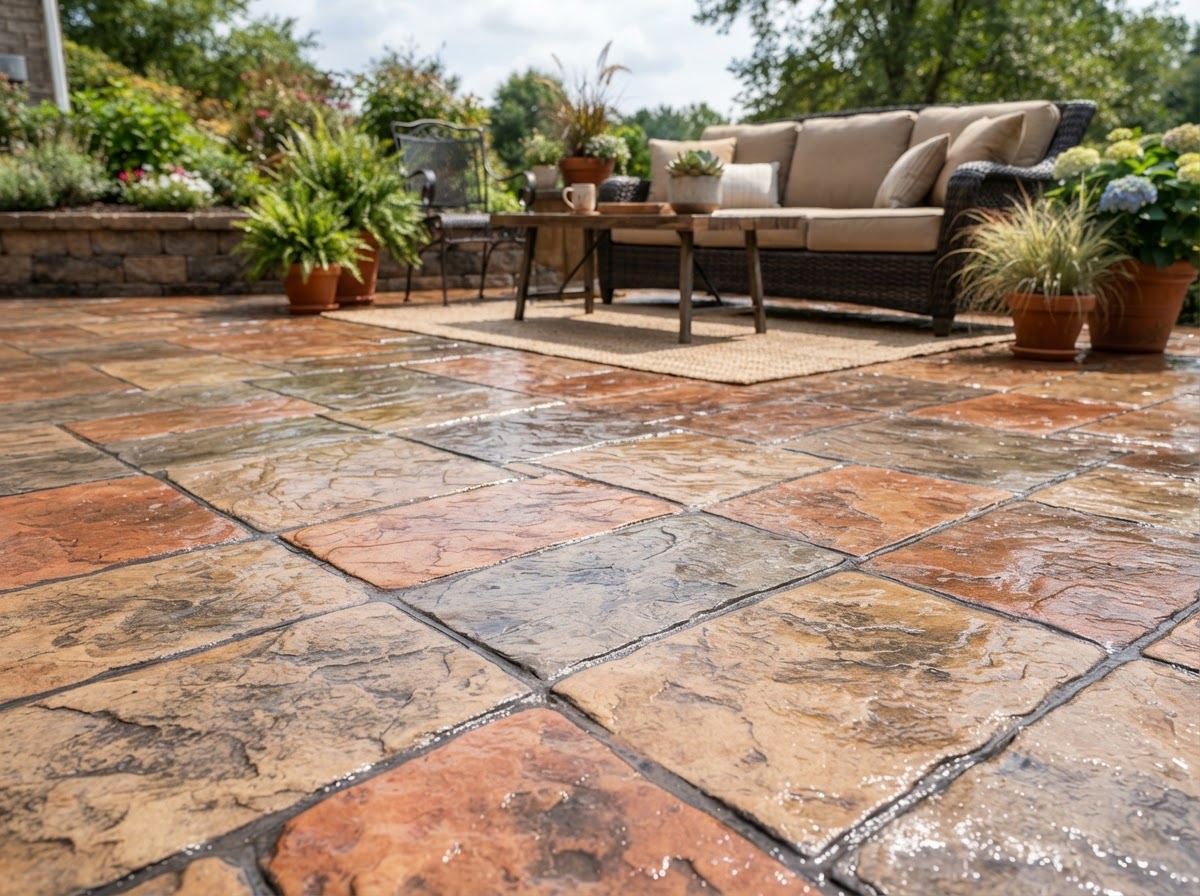 Stamped concrete patio with a decorative textured surface behind a home, poured by a concrete contractor in Antelope, CA