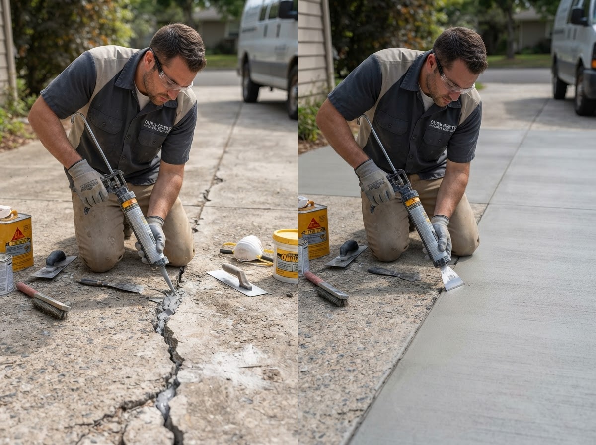 Concrete crack being filled and surface restored on a driveway by a concrete contractor in Antelope, CA