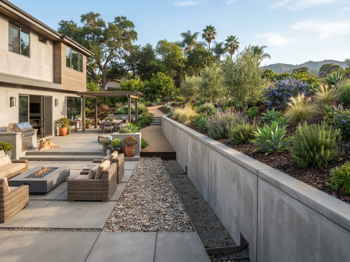 Concrete retaining wall holding back soil on a sloped yard, built by a concrete contractor in Antelope, CA