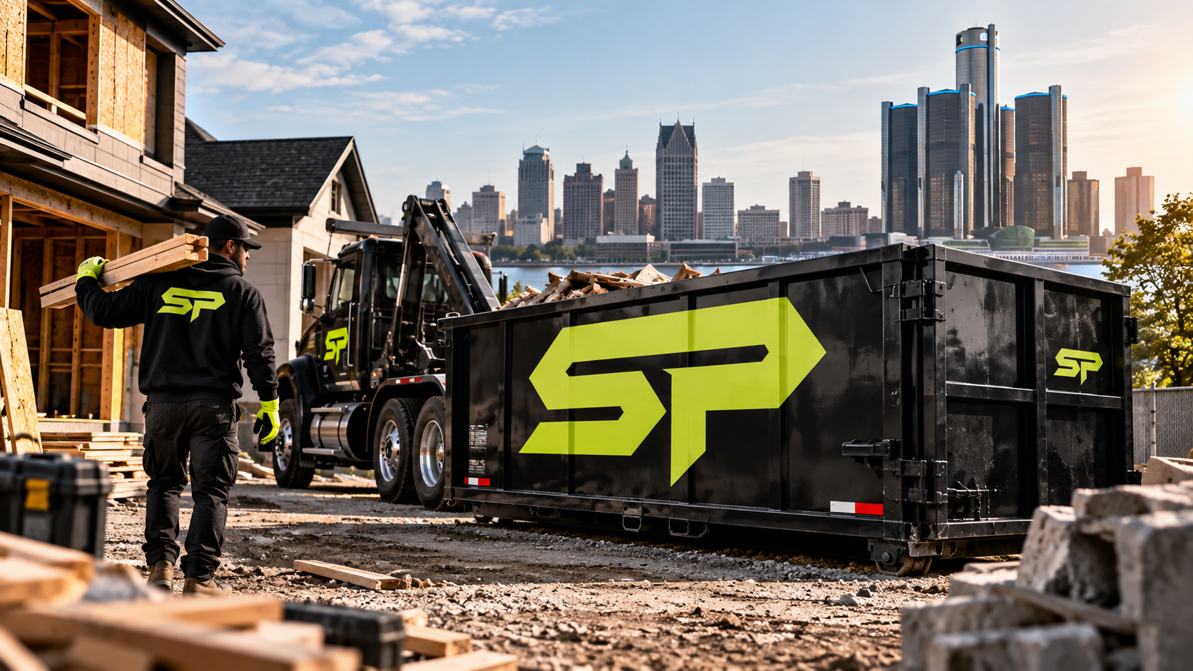 Site Partner dumpster trailer delivered to a Metro Detroit job site