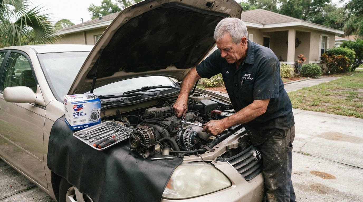 A grey-haired mechanic replacing an alternator under the raised hood of a sedan in a Florida driveway with tools and a new alternator box on a fender mat