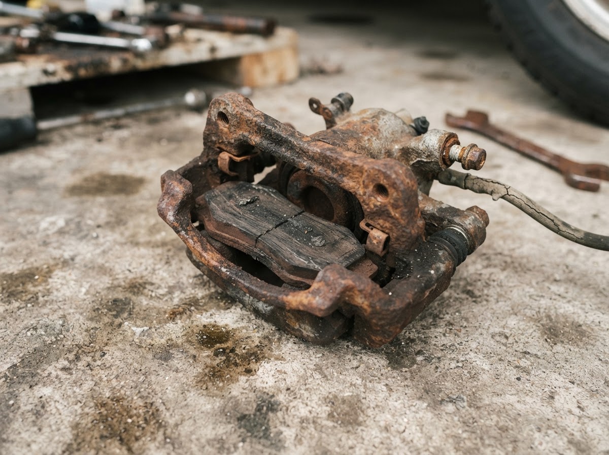 An old seized and rusted brake caliper removed from a car sitting on concrete with a worn pad