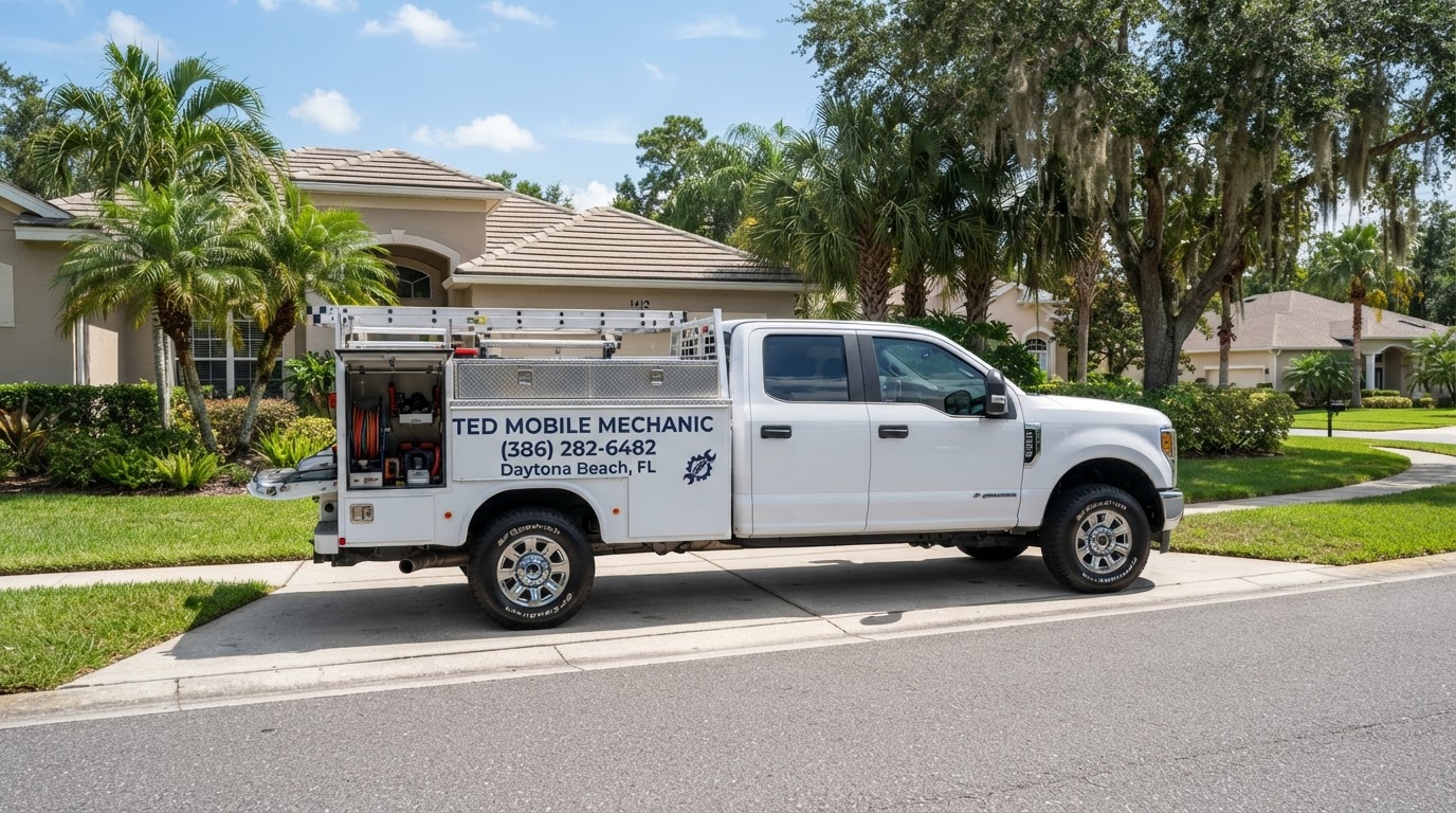 White work pickup truck parked in a Florida driveway with Ted Mobile Mechanic lettering, no people
