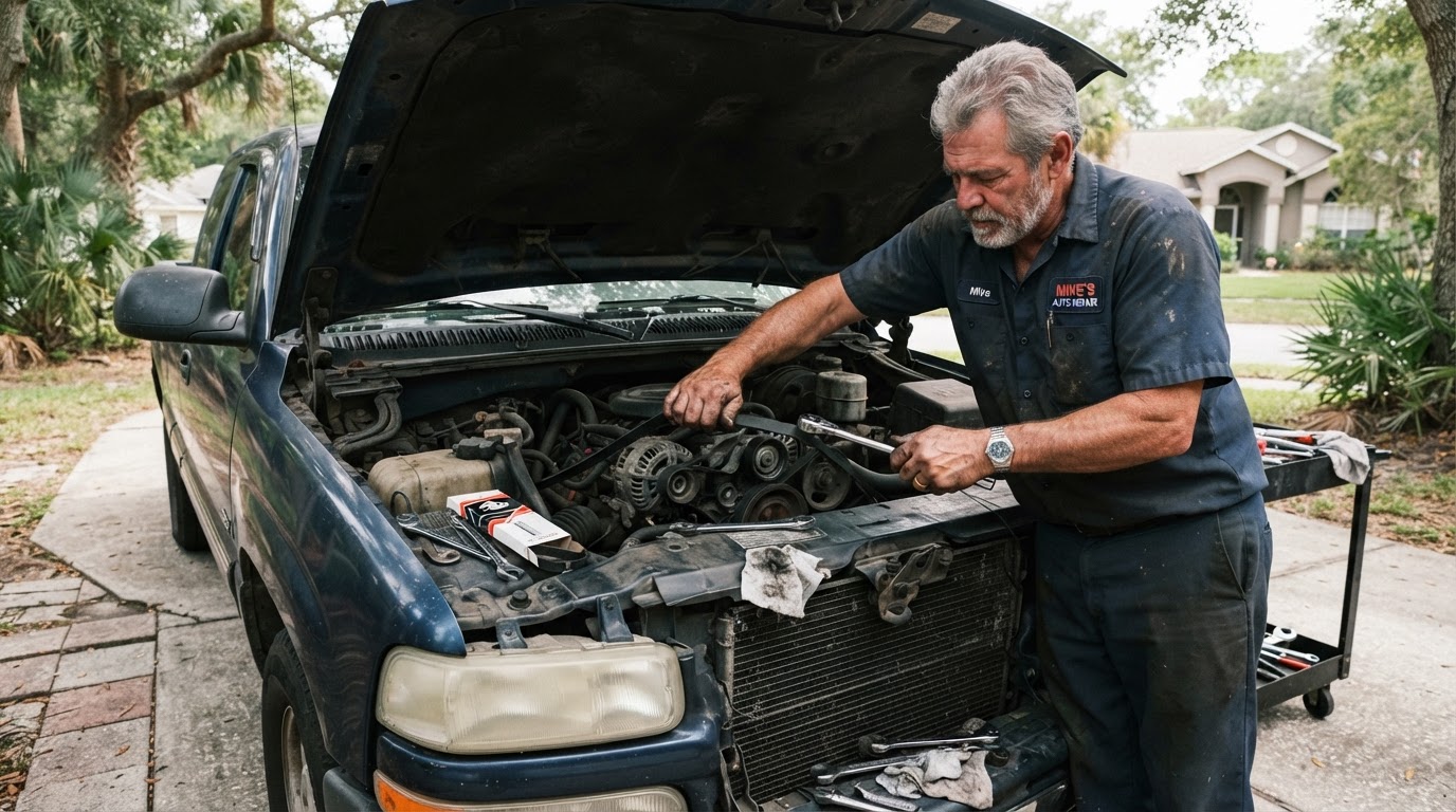 A grey-haired mechanic replacing a serpentine belt and checking a water pump under the raised hood of a pickup truck in a Florida driveway