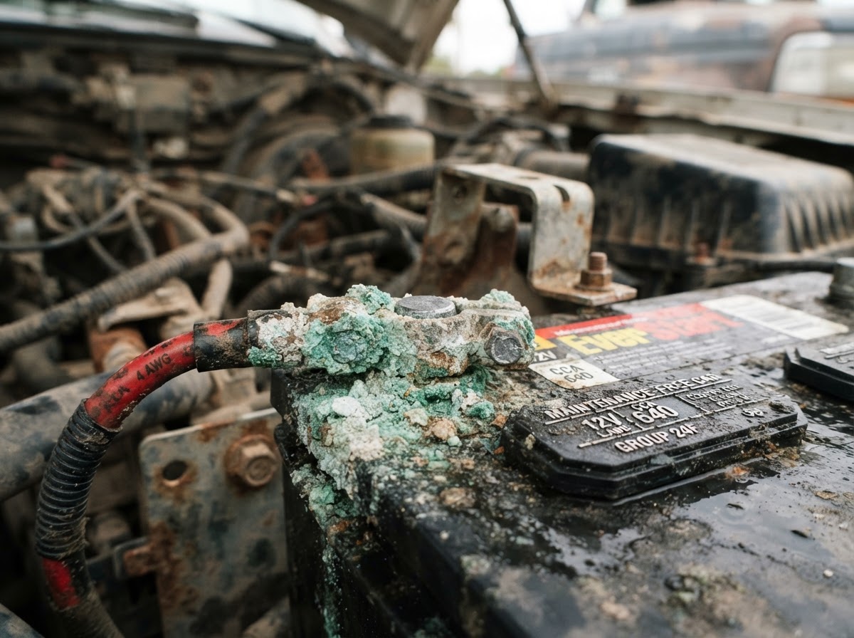 A car battery terminal covered in thick green and white corrosion buildup