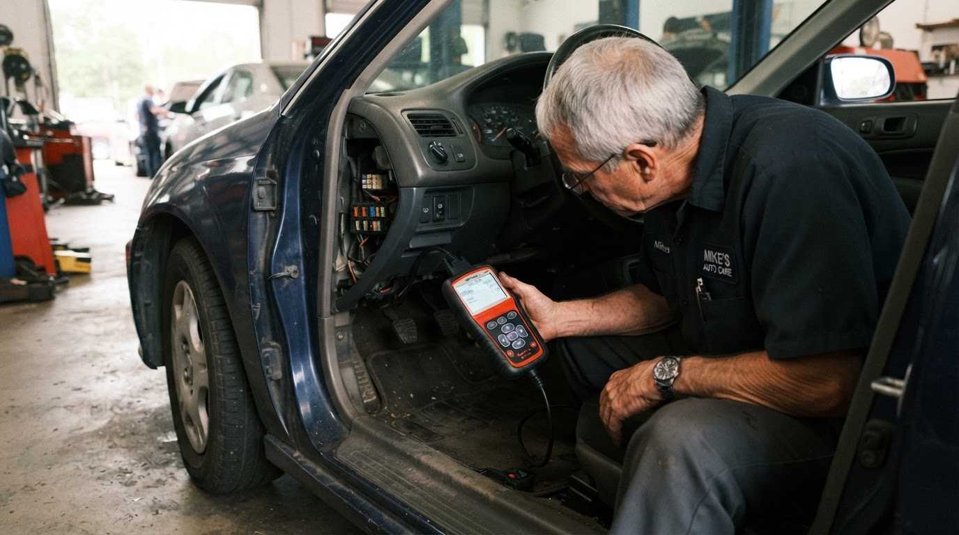 A mechanic's hand holding a diagnostic scan tool plugged into the port under a car dashboard with the driver's door open in daylight