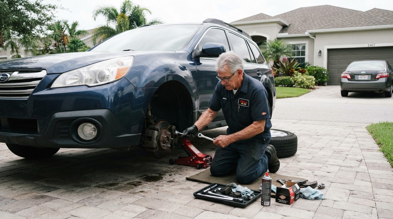 A grey-haired mechanic in a navy work shirt replacing brake pads on a family SUV in the wide driveway of a newer suburban Florida home with the wheel off and a jack stand under the rocker