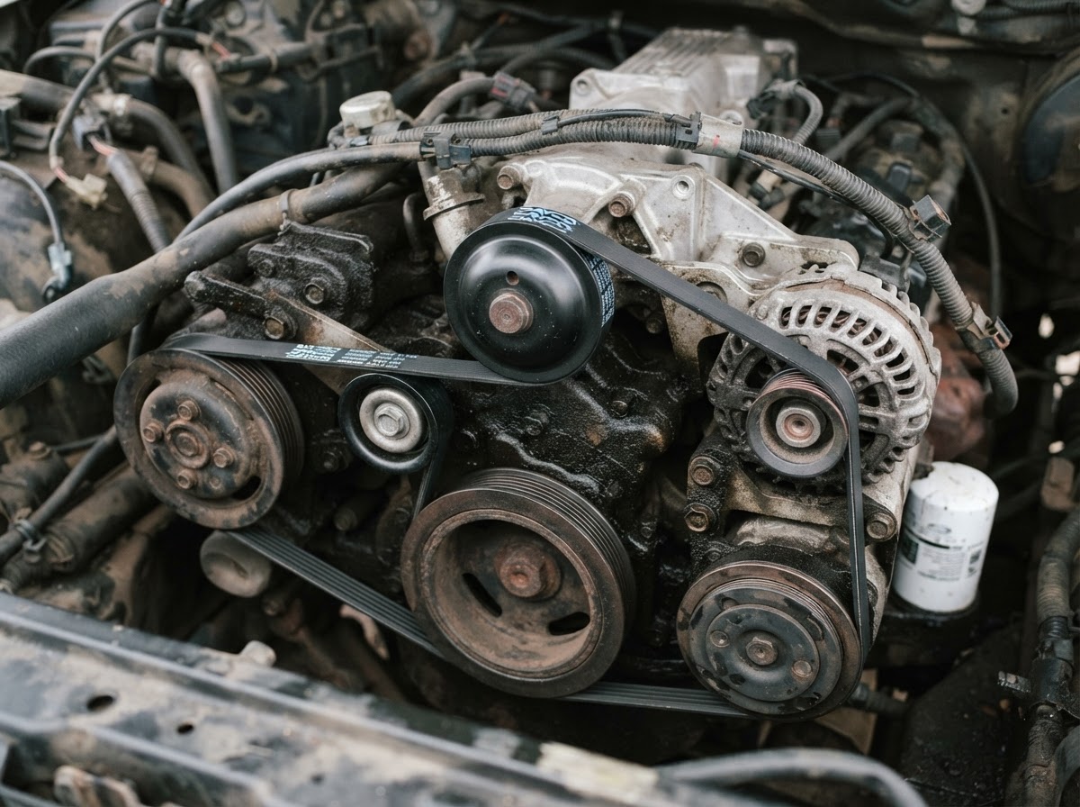 A new clean serpentine belt installed on the same engine pulleys