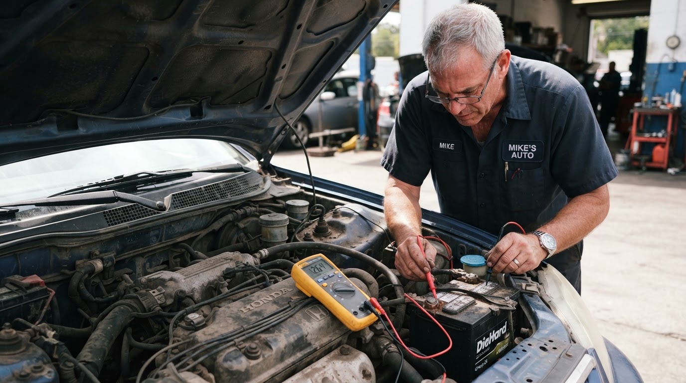 A multimeter's probes on a car battery's terminals under a raised hood in bright daylight with the engine bay visible