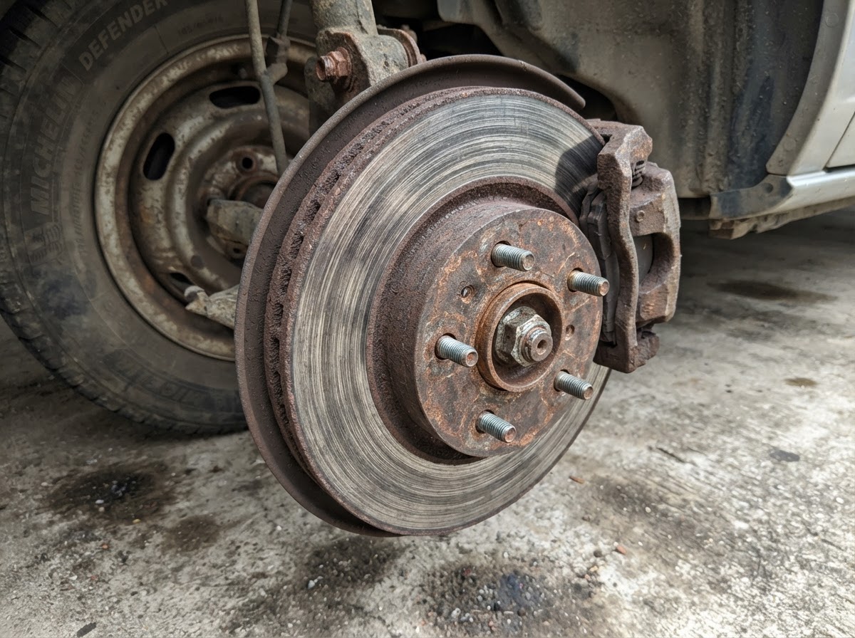 A deeply grooved and scored worn brake rotor still mounted on a car hub with a rusty old caliper