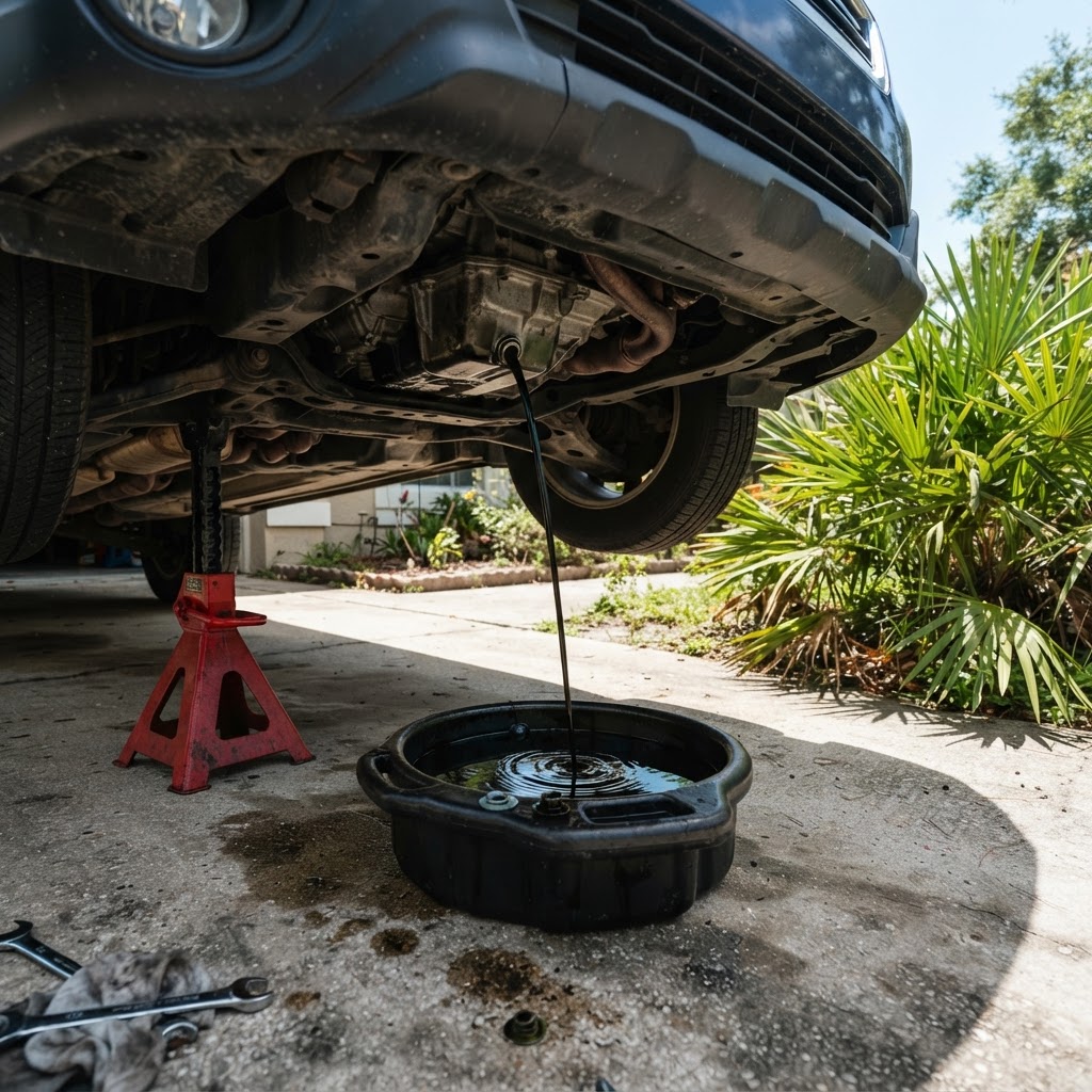 Oil draining into a pan beneath a car on a Florida driveway
