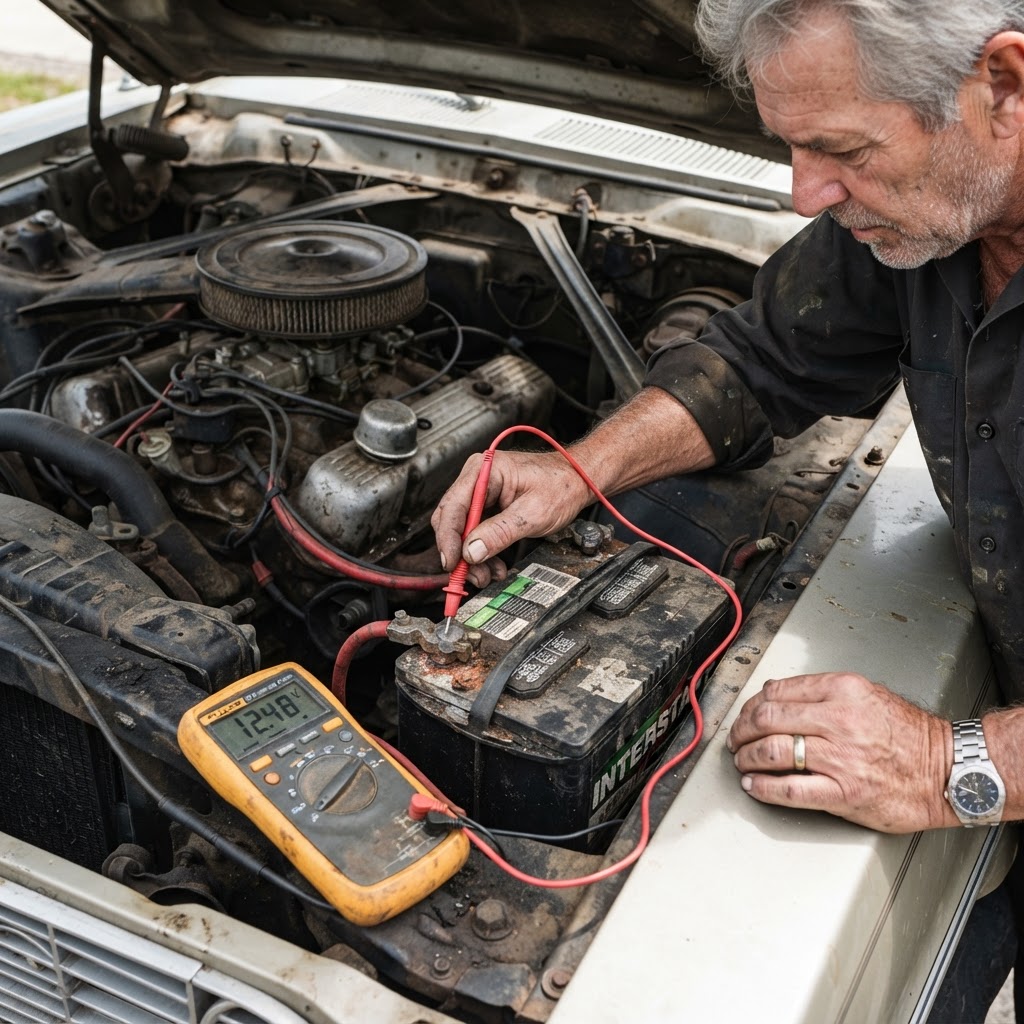 Mechanic testing a car battery terminal with a multimeter under the hood